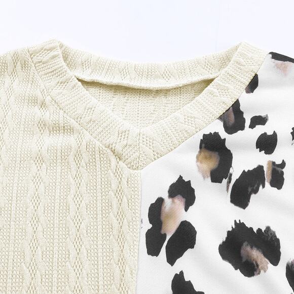 Beige Asymmetric Leopard Patchwork Wide Sleeve V Neck Sweater New  S, M - Picture 10 of 12